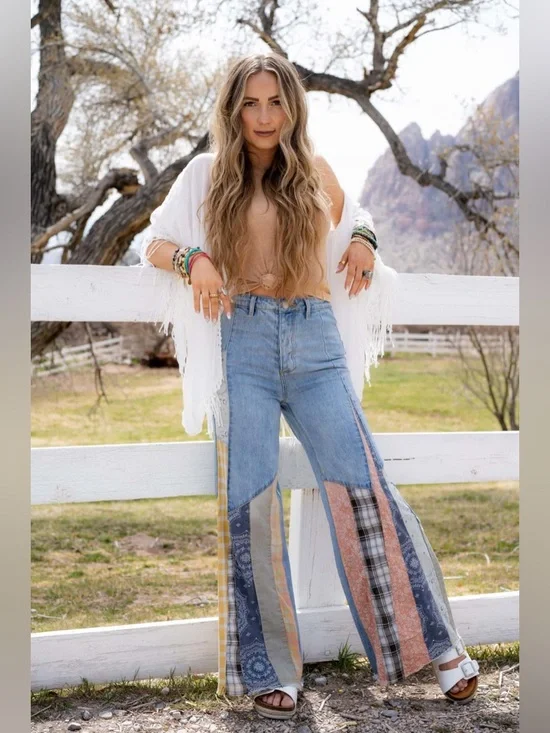 🆕 Three Bird Nest Magnolia Patchwork Flare Women’s Jeans - Picture 2 of 11